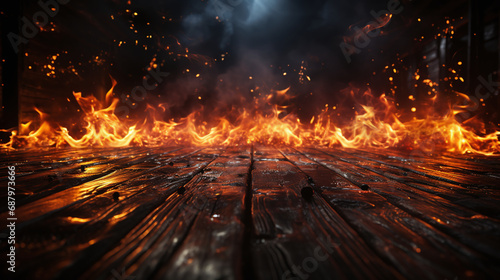 Wooden surface foreground with intense flames, ideal for product display. Concepts on danger, heat, or destruction. Perfect for presentations, awards, or showcasing items. AI Generative