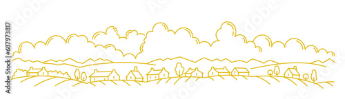Rural landscape countryside village. Vector line. Editable outline stroke.