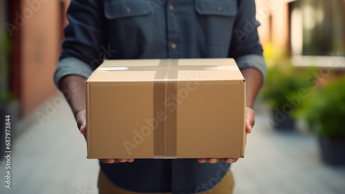 Home delivery concept with close up courier hand holding parcel. Courier male holding carton box, concept ai imagine