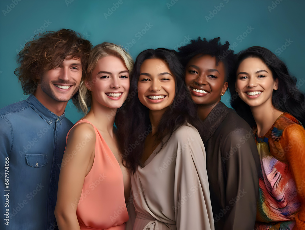 Diverse ethnicities smiling people on blue background. High-resolution Diverse ethnicities smiling people on blue background. High-resolution
