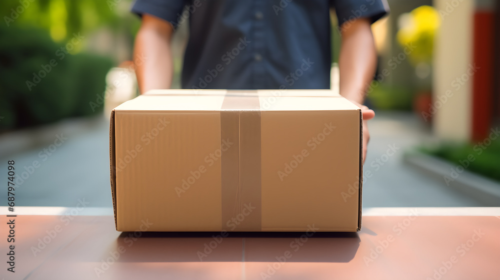 Home delivery concept with close up courier hand holding parcel. Courier male holding carton box, concept ai imagine