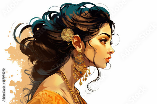 A young female of Indian ethnicity wearing traditional costumes and jewellery