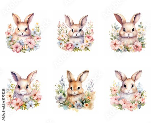 Cute watercolor bunny in spring flowers. Easter card
