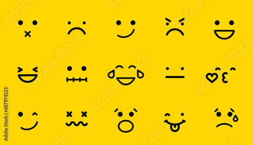 Smile line emotion icons on yellow background. Smile sign collection