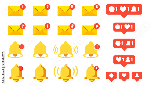 Set of social media notification icons in a flat design. Mail, message, bell, like, comment, friend icons collection. Social media icons