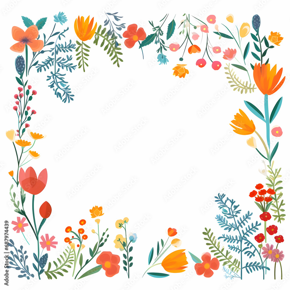 Simple flat summer flowers border invitation template card. High-resolution Simple flat summer flowers border invitation template card. High-resolution