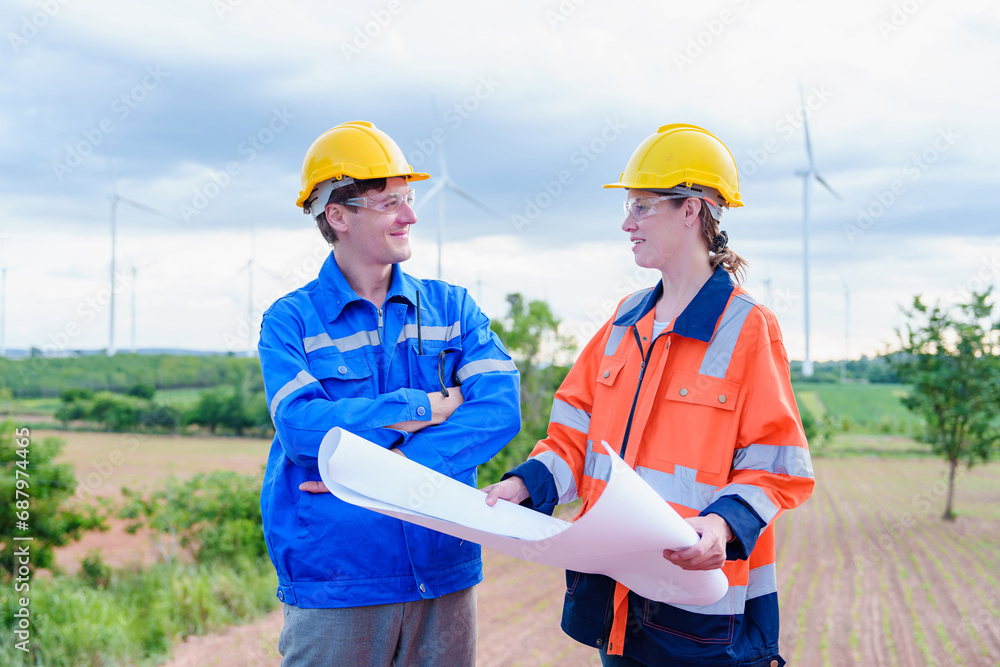 Young Maintenance engineer team worker building looking for wind turbines blueprint drawings and point finger and smile on windmill field farm Alternative renewable energy for clean energy concept. Young Maintenance engineer team worker building looking for wind turbines blueprint drawings and point finger and smile on windmill field farm Alternative renewable energy for clean energy concept.