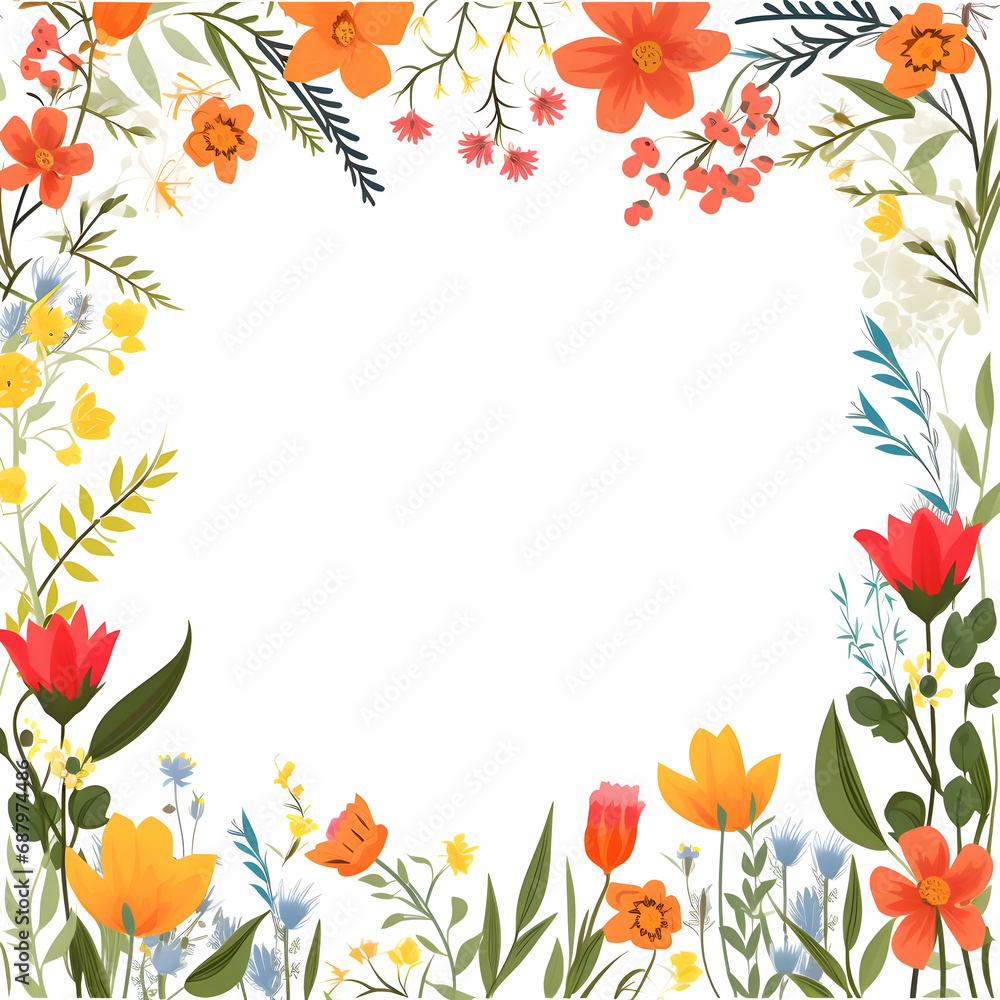 Simple flat summer flowers border invitation template card on a white background. High-resolution