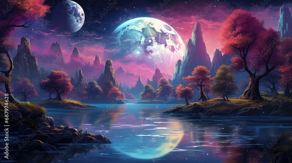 Fantasy landscape with magical river under moonlit sky. Imagination and fantasy.