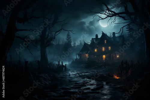A gloomy hut in a dark forest on a moonlit night © Alexander