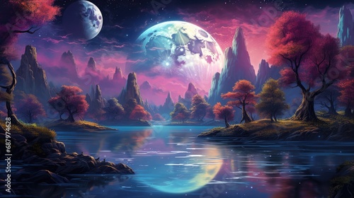 Fantasy landscape with magical river under moonlit sky. Imagination and fantasy.