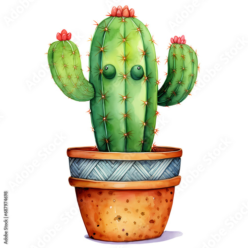 Cute Colorful Potted Cactus Watercolor Clipart Illustration
