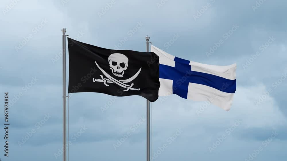 Finland flag and Corsair flag waving together on cloudy sky, endless seamless loop, two country relations concept Finland flag and Corsair flag waving together on cloudy sky, endless seamless loop, two country relations concept