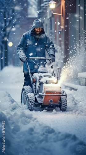 Man clears snow with a snowblower near his home. African using snow blower machine to clear driveway