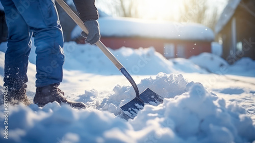 A person removing snow from a path with a shovel on a snowy day. Snow shoveling close-up. photo