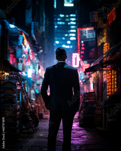 a business man in a neon light in an alley of an Asian metropolis