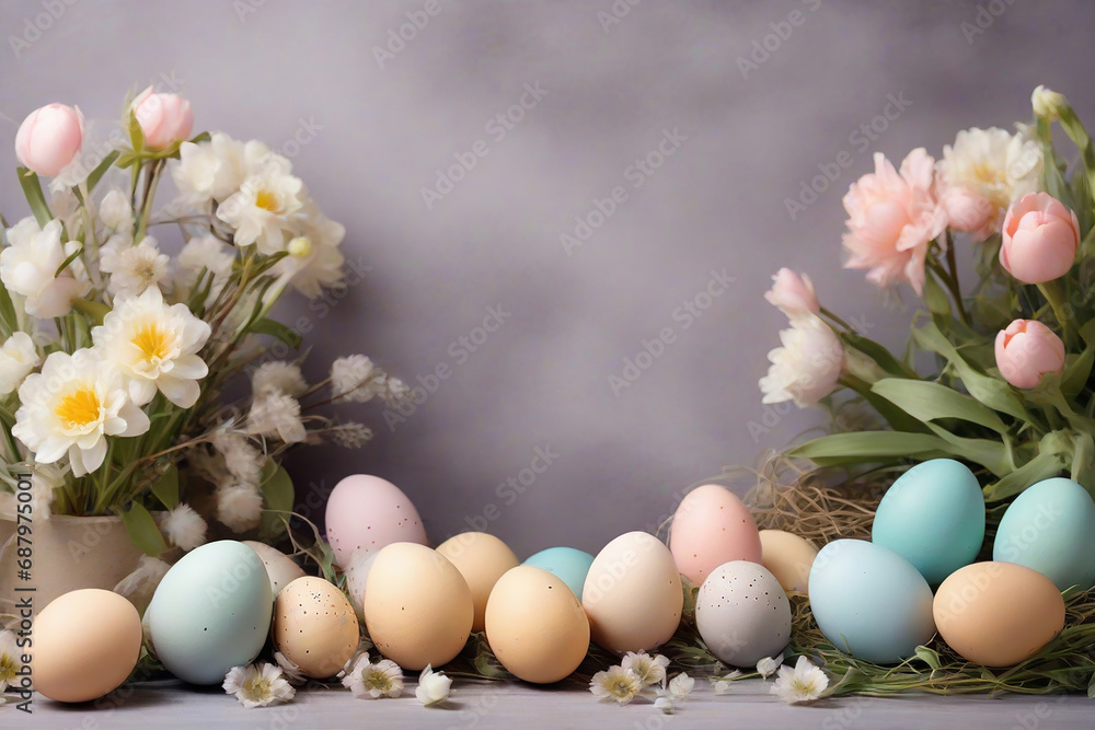 Easter eggs and spring flowers on a gray background. Place for text.