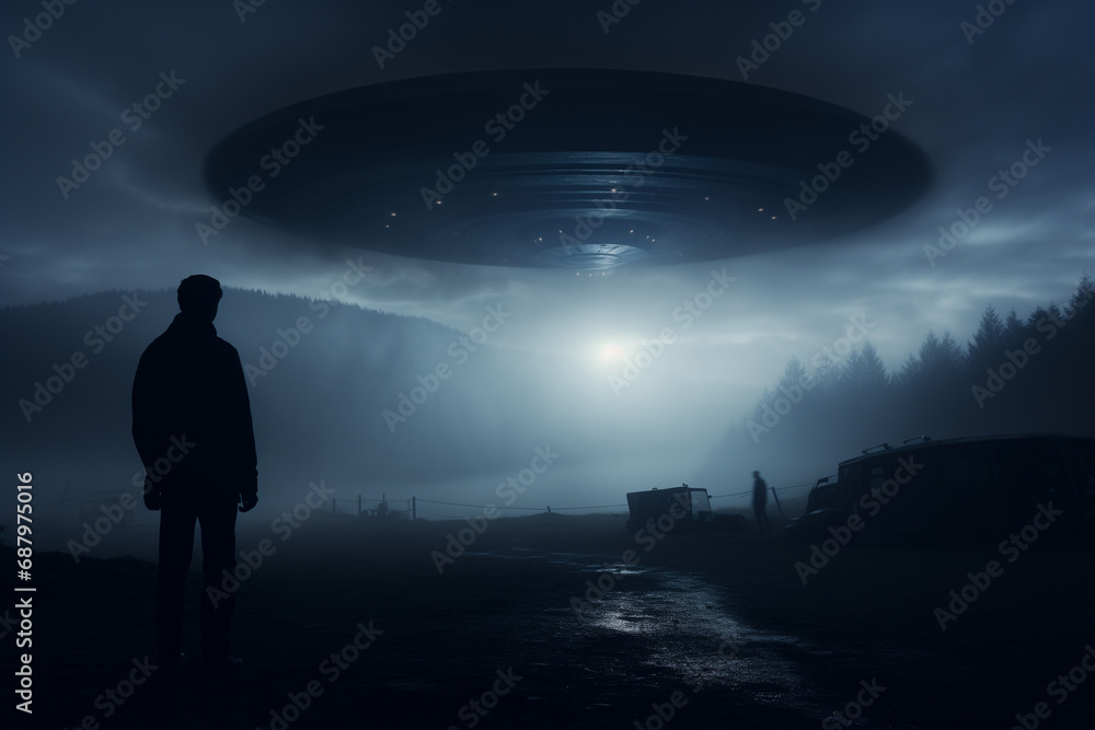 A man and a flying saucer in the fog at night, UFO kidnapping