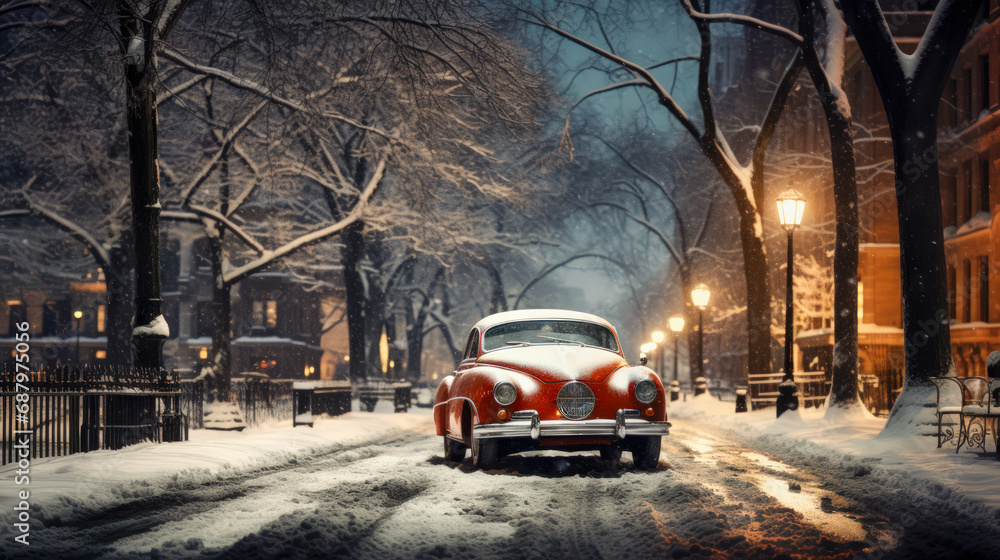 Red retro car slips in the city in the snow. Traffic and snowed city streets after heavy snowfall