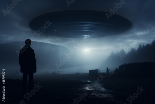 A man and a flying saucer in the fog at night, UFO kidnapping photo
