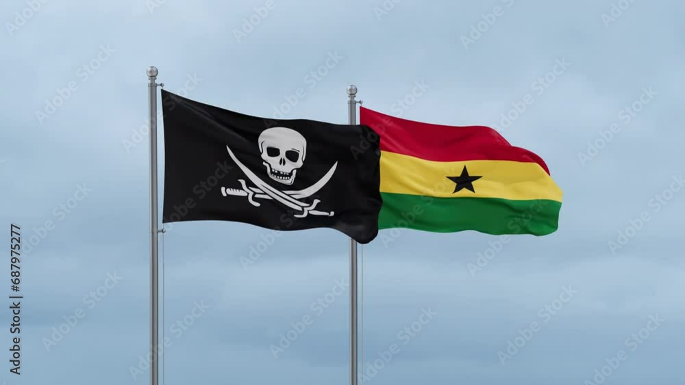 Ghana flag and Corsair flag waving together on cloudy sky, endless seamless loop, two country relations concept Ghana flag and Corsair flag waving together on cloudy sky, endless seamless loop, two country relations concept