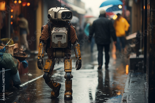 a robot on the street among the townspeople on a rainy day photo