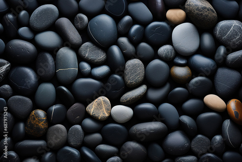 A birds-eye view of Black river stones in a horizontal