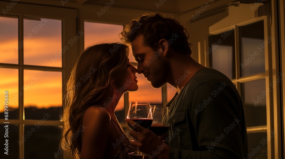 Romantic Sunset Kiss: Couple Embracing in the Comforts of Home Romantic Sunset Kiss: Couple Embracing in the Comforts of Home