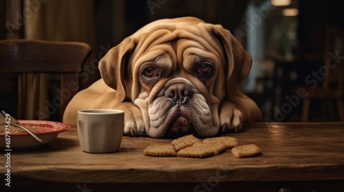 a dog looking at a cup of coffee and crackers