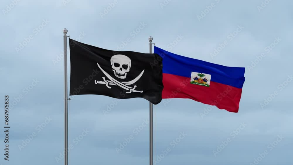 Haiti flag and Corsair flag waving together on cloudy sky, endless seamless loop, two country relations concept Haiti flag and Corsair flag waving together on cloudy sky, endless seamless loop, two country relations concept