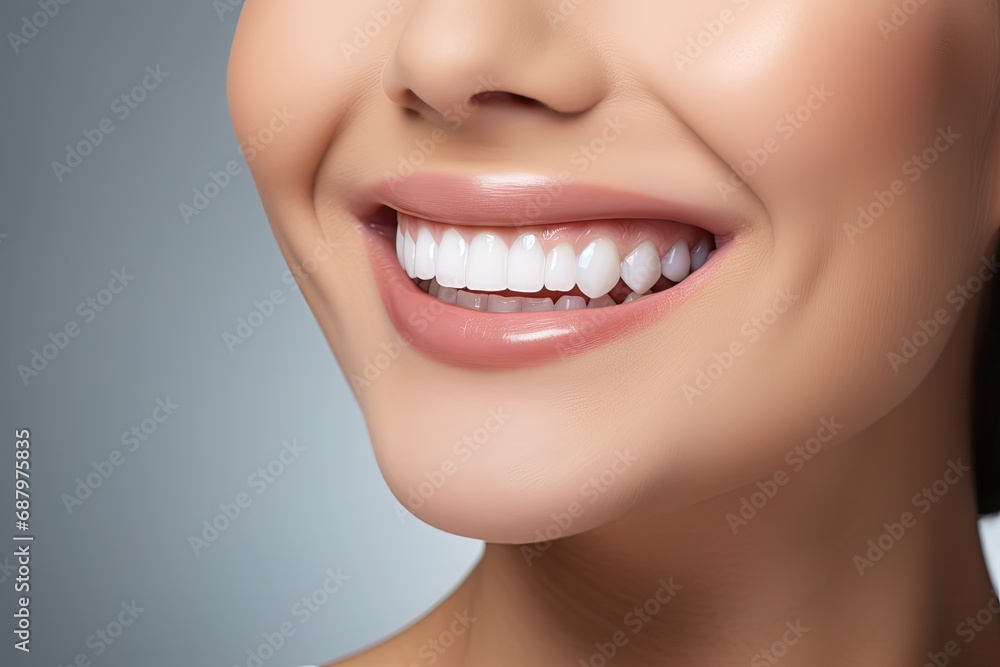 Obraz premium Beautiful young woman with healthy teeth. Dental care concept. Ai generative