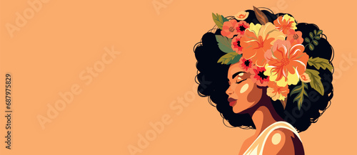 Horizontal banner with International Women's Day Beautiful flowers in your hair. Hairstyle. Vector concept of movement for gender equality and women's empowerment