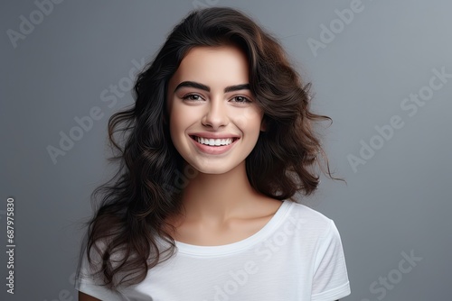 Beautiful young woman with long healthy curly hair. Portrait of a smiling girl with makeup and hairstyle. Ai generative 