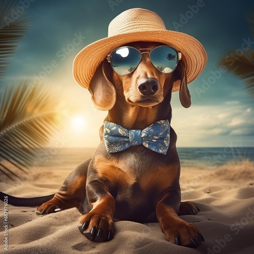 a dog wearing a hat and sunglasses on a beach