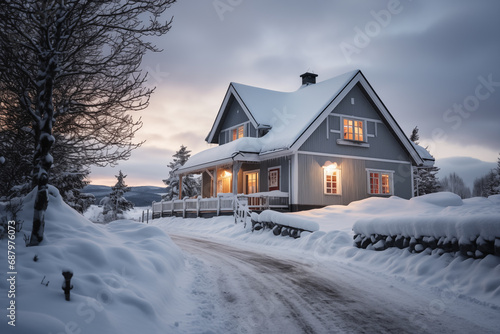 village house in snowy winter