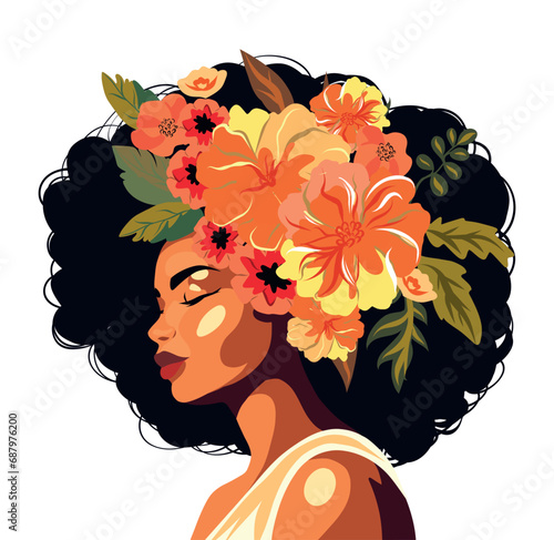 Postcard banner Happy International Women's Day Beautiful flowers in your hair. Hairstyle. Feminism. Vector concept of movement for gender equality and women's empowerment