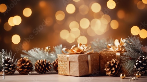 Festive Holiday Background: Christmas and New Year with Gift Boxes and Pine Cones © ic36006