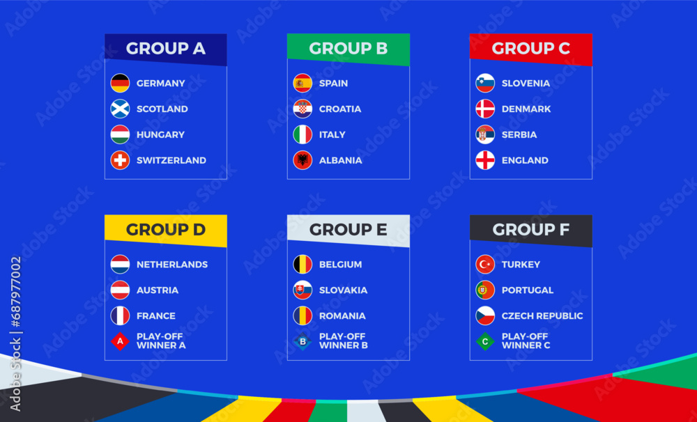 Flags of European football tournament 2024 sorted by group on blue background. - obrazy, fototapety, plakaty 
