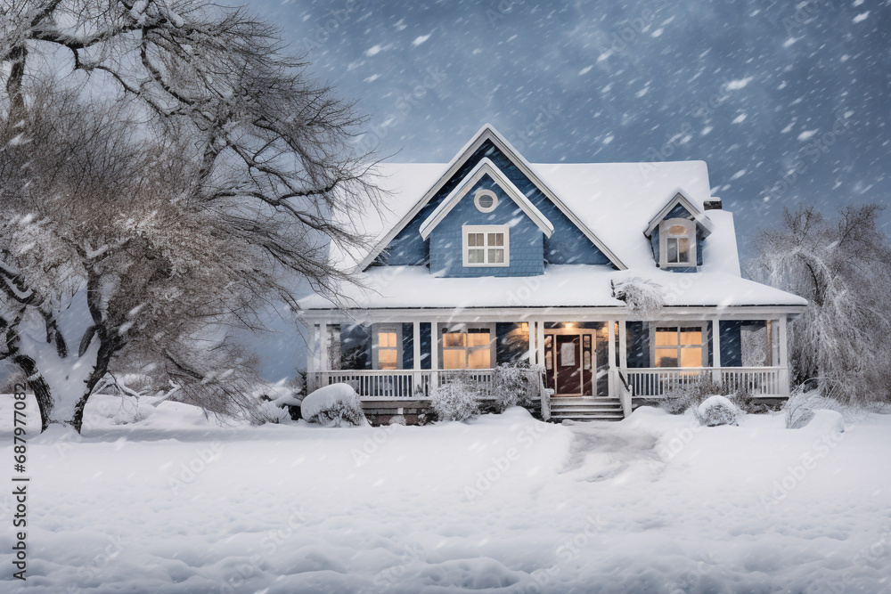 Snow in front of house in winter. Snow in front of house in winter.