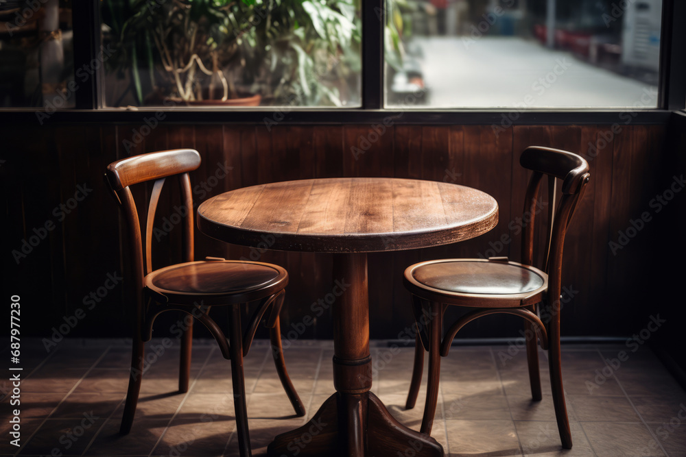 Round wooden table and chairs in cafe. Restaurant interior with empty table. Generative AI