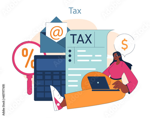 Digital Tax Management Simplified. A confident woman efficiently organizes her tax documents using online tools amidst symbols of percentage and email. Streamlining finances. Flat vector illustration.