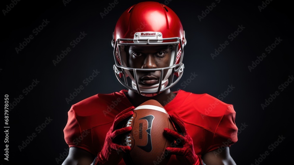 American football player in a red uniform holding a ball. American football player in a red uniform holding a ball.