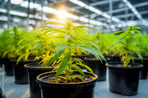 marijuana grows in pots in a greenhouse