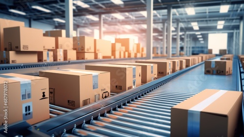 Close-up of multiple cardboard box packages seamlessly moving along a conveyor belt in a warehouse.