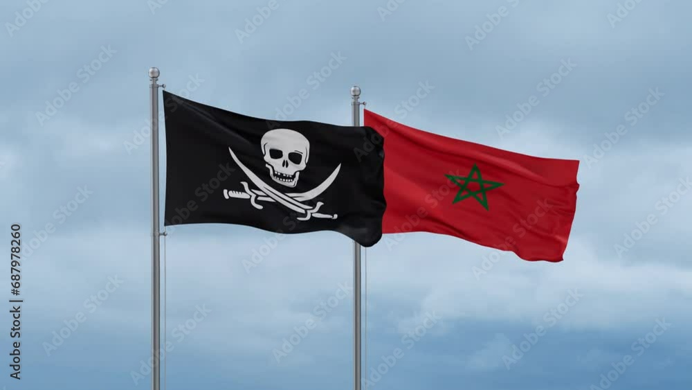 Morocco flag and Corsair flag waving together on cloudy sky, endless seamless loop, two country relations concept Morocco flag and Corsair flag waving together on cloudy sky, endless seamless loop, two country relations concept