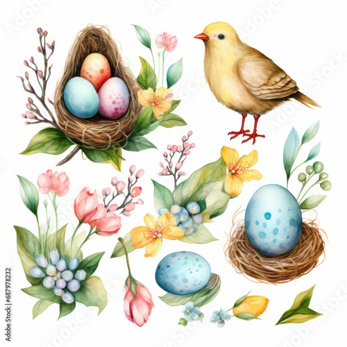 Easter clipart. Watercolor illustration of Easter eggs in a basket with flowers, birds, nests. Happy Easter.