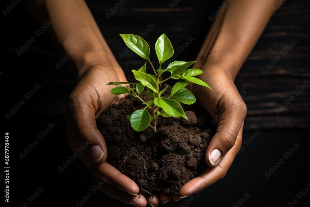 Closeup hands holding young plant, earth day and save environment concept. Generative AI Closeup hands holding young plant, earth day and save environment concept. Generative AI