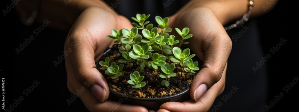 Closeup hands holding young plant, earth day and save environment concept. Generative AI
