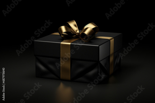 Un cadeau de Noël doré et noir. Fond pour conception et création graphique. Ambiance familiale, festive et hivernale.