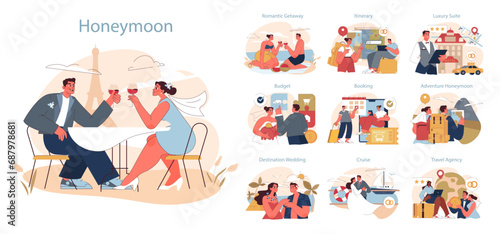 Honeymoon set. Couples celebrate, plan, budget, and embark on post-wedding travels. Love blooms in various romantic settings.